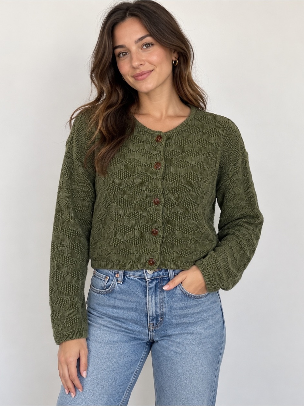 GAP Olive Textured Knit Button-Front Cardigan